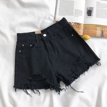 Korean Denim Shorts Women Summer Fashion Casual High Waist Ripped Jeans Pocket Tassel Hot Pants Streetwear Blue Trousers