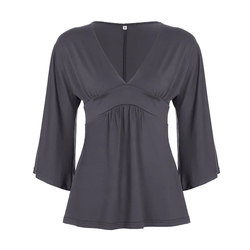 [RUOKE] Women Casual Deep V Neck Blouse Loose Fit Long Sleeve Top Flowy Bell Sleeve Tunic Shirt Daily T-shirt Sexy Summer Outfit