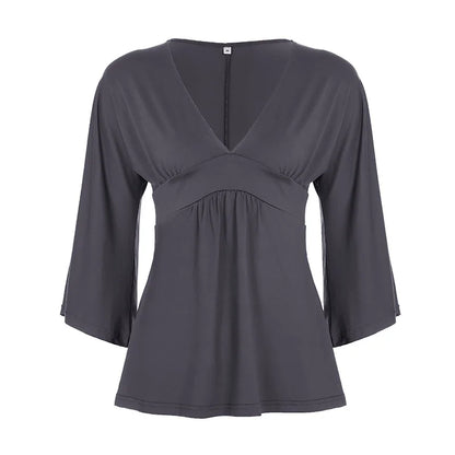 [RUOKE] Women Casual Deep V Neck Blouse Loose Fit Long Sleeve Top Flowy Bell Sleeve Tunic Shirt Daily T-shirt Sexy Summer Outfit