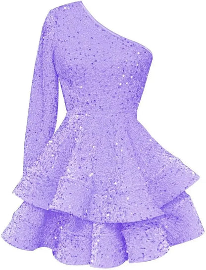 Long Sleeve Velvet Sequin Homecoming Dresses Teens Sparkly One Shoulder Short Prom Dress Layered Cocktail Party Graduation Dress