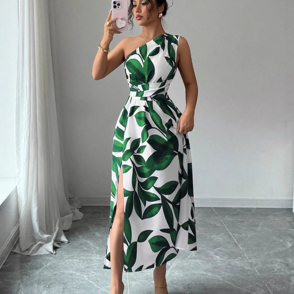 Cross-Border Spring Summer New Floral Print Asymmetrical Shoulder Split Long Dress Sexy Holiday Beach Casual Street Style