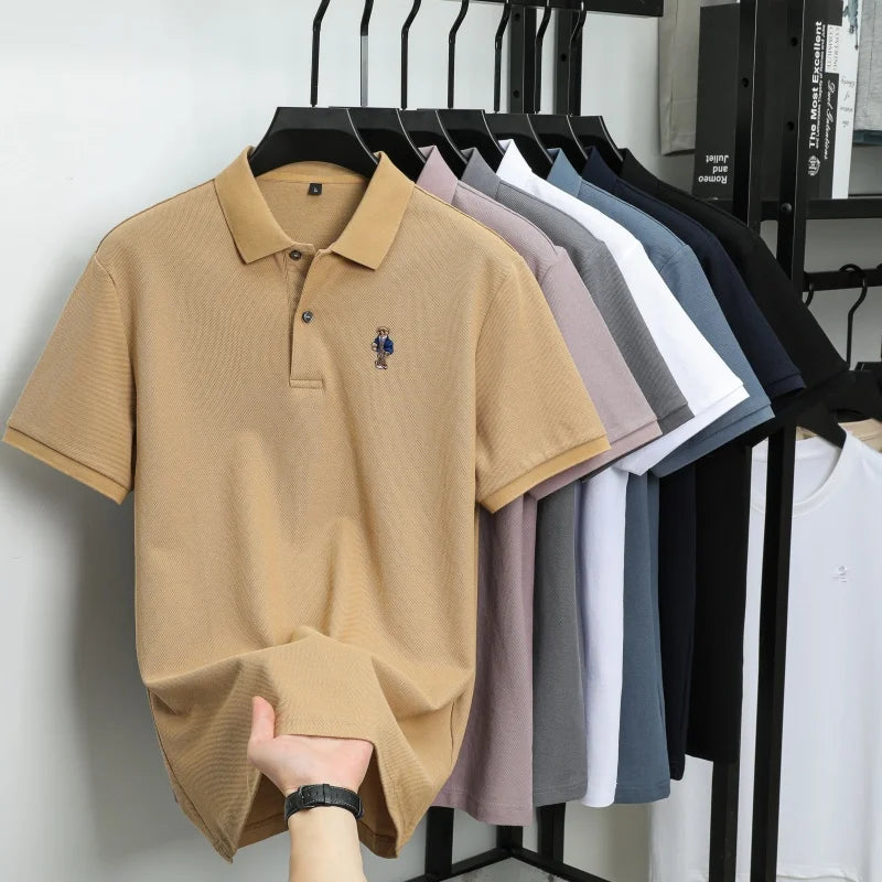 100% pure cotton new men's short sleeved polo shirt summer fashion original high-end brand bear embroidery golf casual T-shirt
