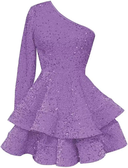 Long Sleeve Velvet Sequin Homecoming Dresses Teens Sparkly One Shoulder Short Prom Dress Layered Cocktail Party Graduation Dress