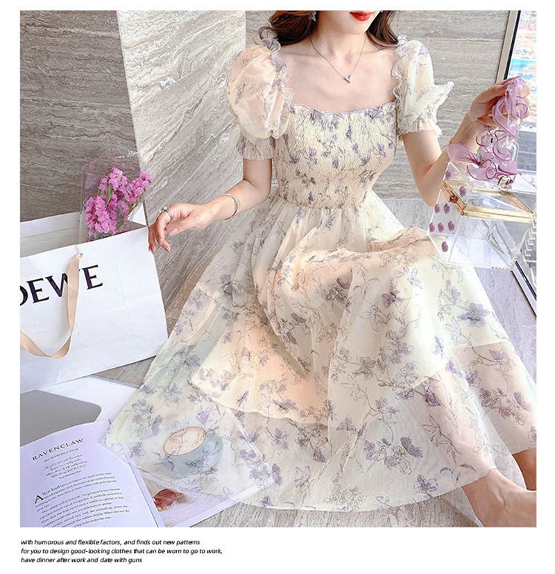 Zoki Elegant Floral Chiffon Party Dress Women Fashion Puff Sleeve A Line Midi Dress Sweet Square Collar Korean Female Vestidos