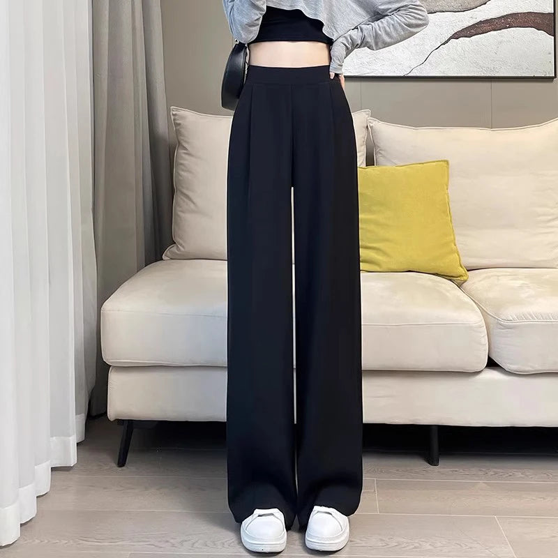 Women Wide Leg Pants Summer High Waist Casual Office Lady Straight Trouser Vintage Comfort Female Pocket All Match Solid Pants