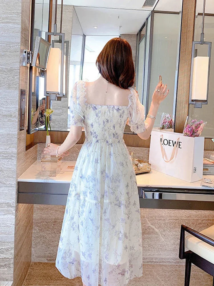 Zoki Elegant Floral Chiffon Party Dress Women Fashion Puff Sleeve A Line Midi Dress Sweet Square Collar Korean Female Vestidos