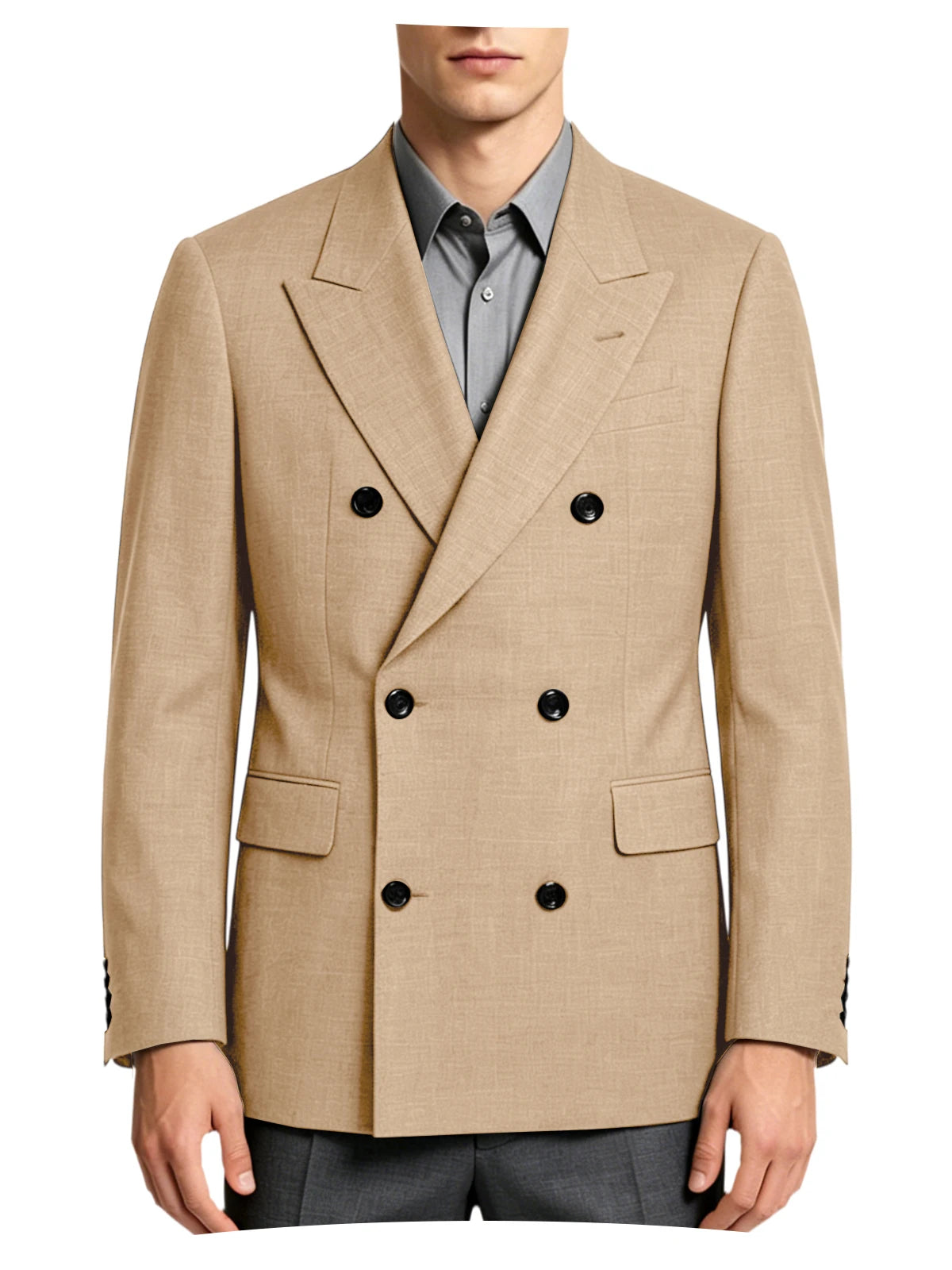 Men's Linen Blend Double Breasted Blazer Peak Lapel Breathable Wrinkle Resistant Business Suit Jacket For Wedding Daily Wear