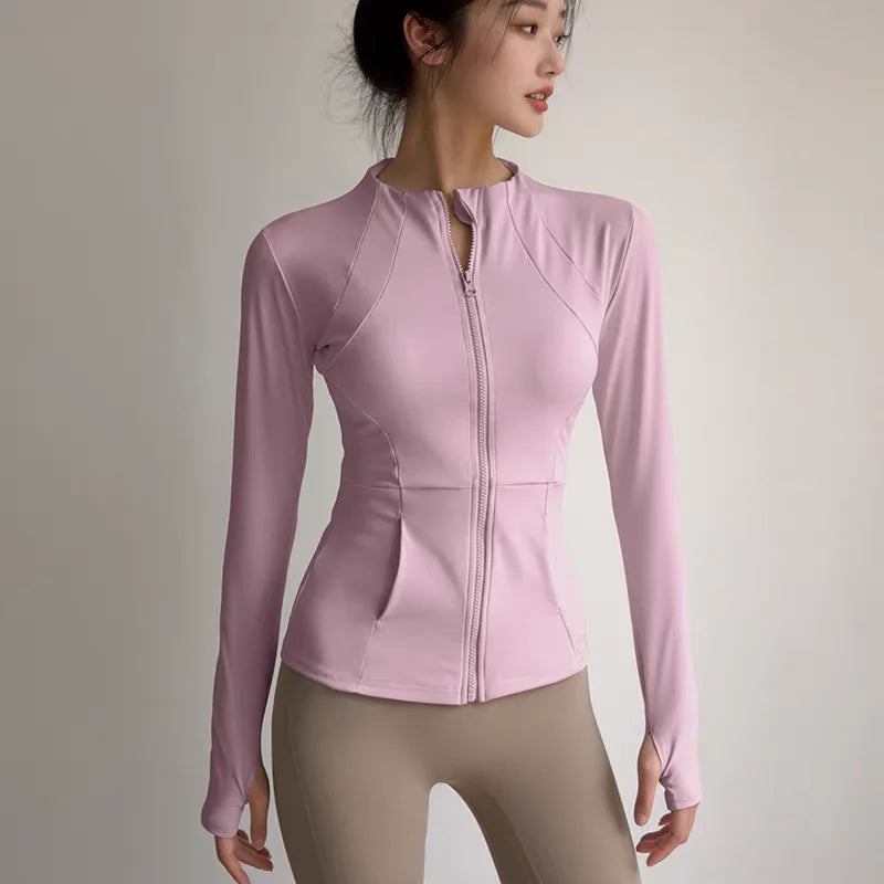 Women's Slim Fit Long Sleeve Sports Jacket Zip Fitness Yoga Workout Jacket Slim Tight Gym ActiveWear Top Running Jacket