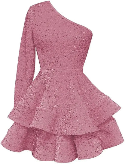 Long Sleeve Velvet Sequin Homecoming Dresses Teens Sparkly One Shoulder Short Prom Dress Layered Cocktail Party Graduation Dress