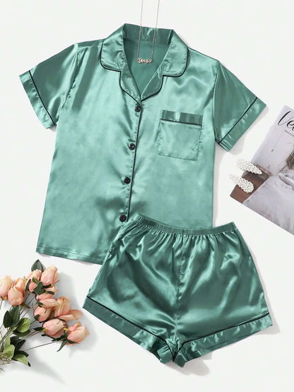 Women's Satin Pajama Set with Contrast Piping, Short Sleeve Button-Up Top & Shorts