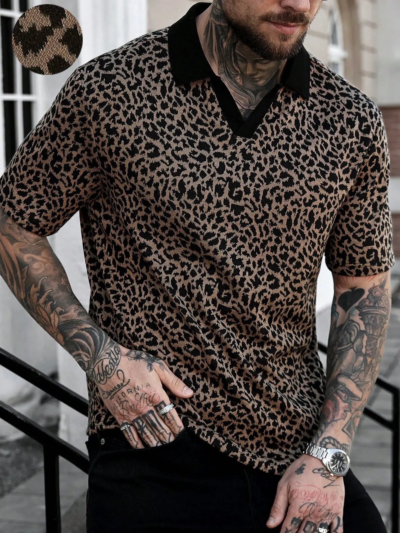 Men's Short Sleeve Leopard Print Polo Shirt Casual Streetwear
