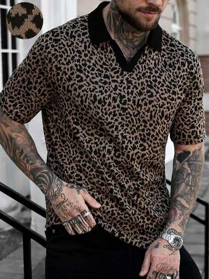 Men's Short Sleeve Leopard Print Polo Shirt Casual Streetwear