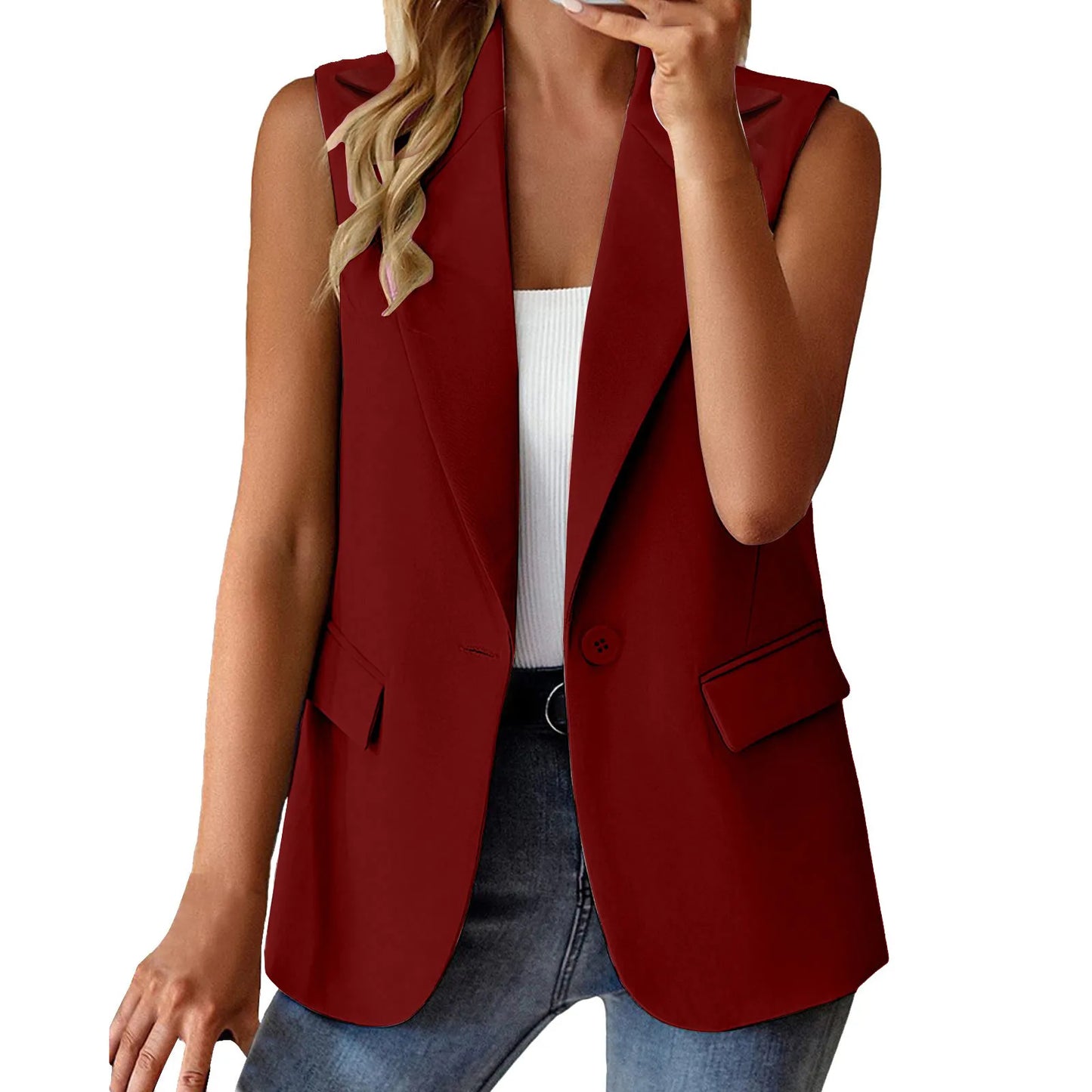 Women's Sleeveless Blazers Solid Color Cardigan Suit Casual Lapel Slim Fit Vest With Pockets Elegant For Women Chic Office Lady