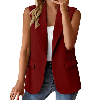 Women's Sleeveless Blazers Solid Color Cardigan Suit Casual Lapel Slim Fit Vest With Pockets Elegant For Women Chic Office Lady