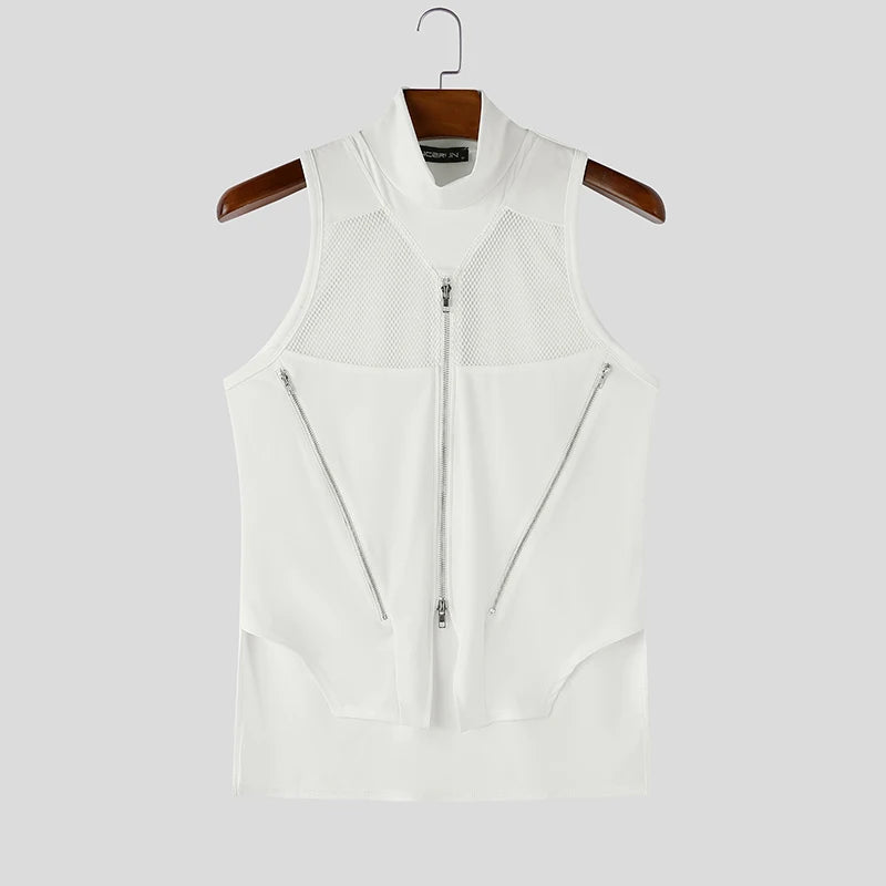 INCERUN Men Tank Tops Mesh Patchwork Turtleneck Zipper See Through Sleeveless Men Clothes Streetwear Irregular Tops Male Vests