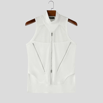 INCERUN Men Tank Tops Mesh Patchwork Turtleneck Zipper See Through Sleeveless Men Clothes Streetwear Irregular Tops Male Vests