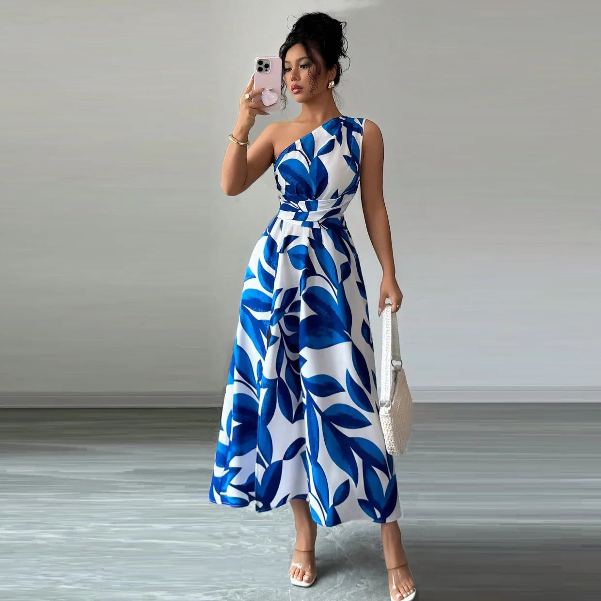 Cross-Border Spring Summer New Floral Print Asymmetrical Shoulder Split Long Dress Sexy Holiday Beach Casual Street Style