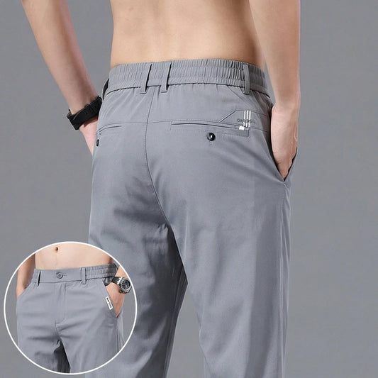Good Quality Summer High Stretch Men's Casual Pants Polyamide Fiber Slim Straight Business Elastic Waist Work Chino Thin Trouser