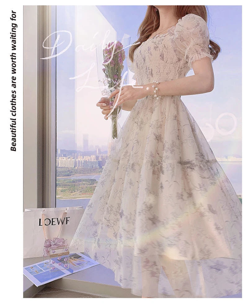 Zoki Elegant Floral Chiffon Party Dress Women Fashion Puff Sleeve A Line Midi Dress Sweet Square Collar Korean Female Vestidos