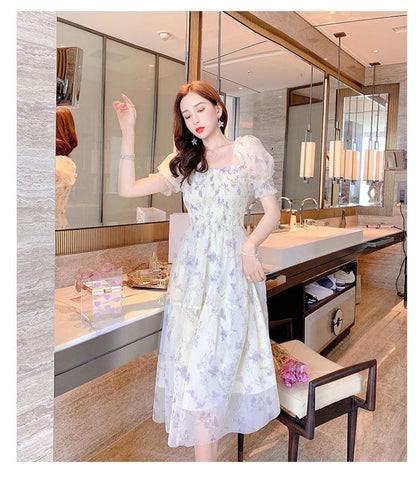 Zoki Elegant Floral Chiffon Party Dress Women Fashion Puff Sleeve A Line Midi Dress Sweet Square Collar Korean Female Vestidos