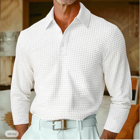 Men's Waffle Knit Long Sleeve Polo Shirt, Solid Textured Casual Golf Shirt, Breathable Pullover for Business & Daily