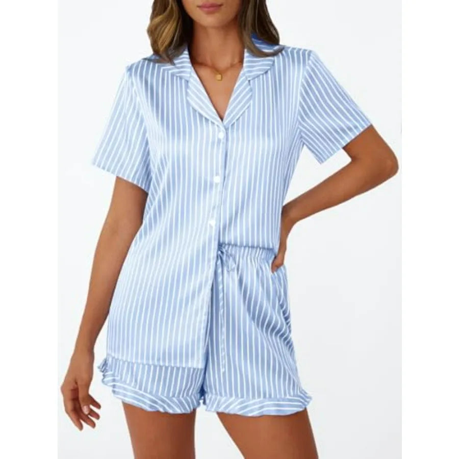 LILLUSORY Womens Satin Silk Pajamas Set 2 Pcs Ruffle Pjs Winter Matching Lounge Sleepwear Button Down Striped Shirt Shorts