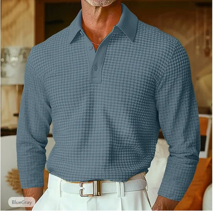 Men's Waffle Knit Long Sleeve Polo Shirt, Solid Textured Casual Golf Shirt, Breathable Pullover for Business & Daily