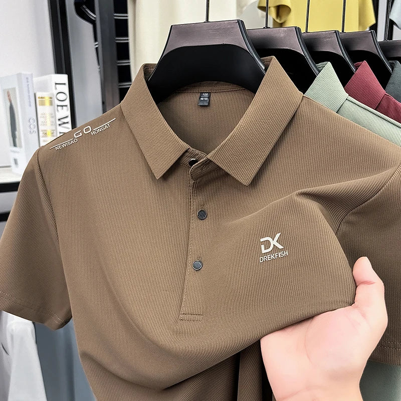 Mens Vertical Fine Rib Short Sleeve Polo Shirts Minimal Chest Embroidery Anti Crease Soft Comfort Daily Business Shirts