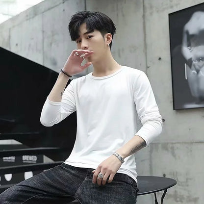 Business Style Long Sleeve T-Shirt for Men Loose Fit Thin Cotton Top Youth Version Bottom Shirt for Work Autumn Wear