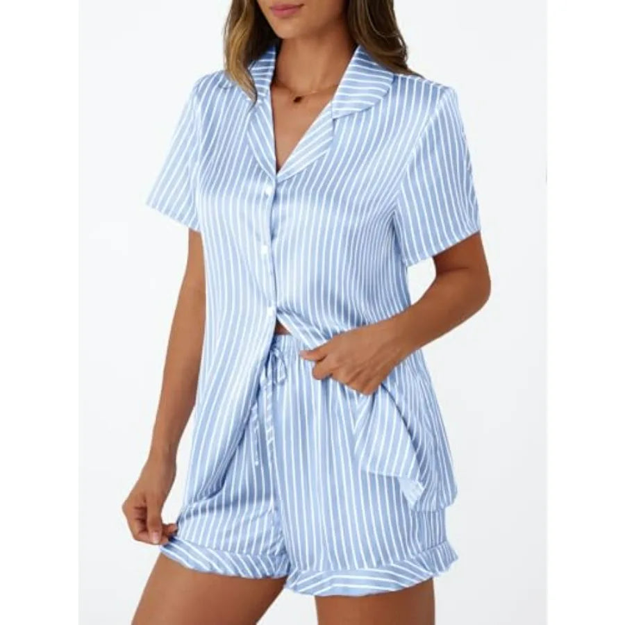 LILLUSORY Womens Satin Silk Pajamas Set 2 Pcs Ruffle Pjs Winter Matching Lounge Sleepwear Button Down Striped Shirt Shorts