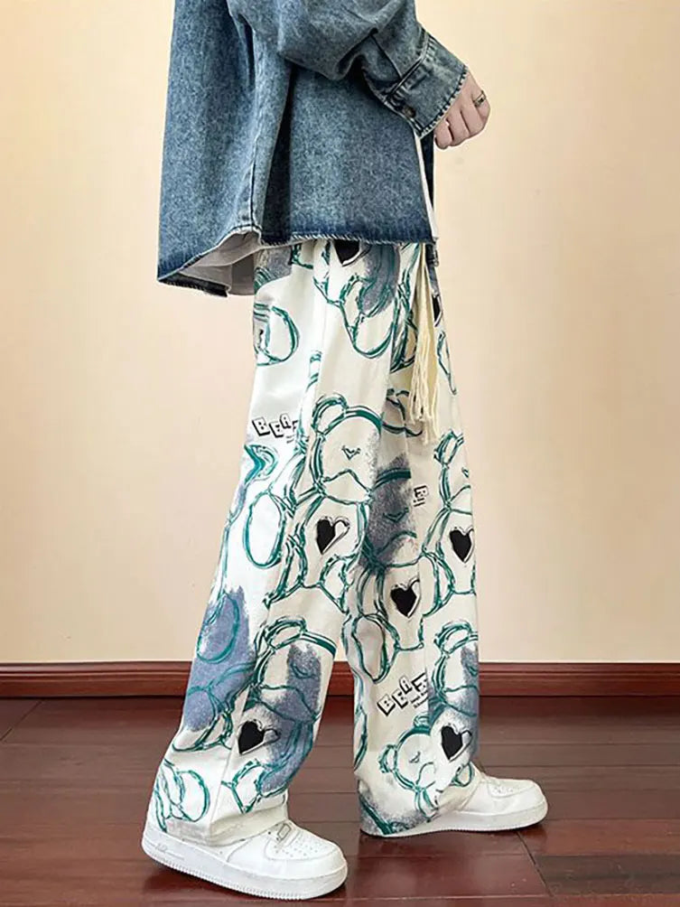 Fashion Y2k Print Wide leg Baggy Pants Men Korean Designer Student Streetwear Straight Long Trousers Casual Sport Hip hop 2023