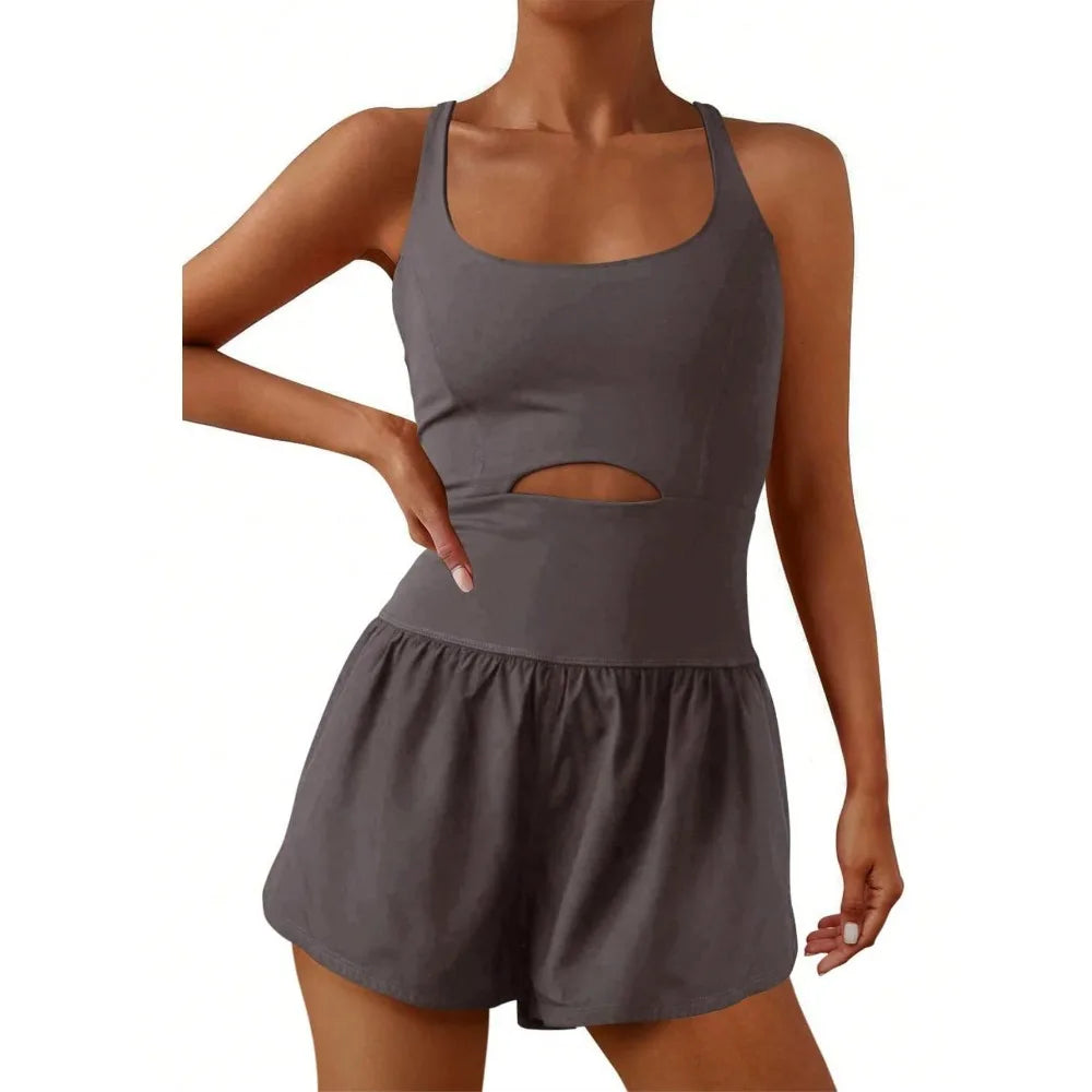 Women's Solid Color Back Waist V-Crossed Simple Casual Jumpsuit Gym Women Outfit Body Suit Womens Sexy Running One-Sie Workout Rompers One Piece Outfits Exercise Jumpsuits Sleeveless Athletic Tennis Romper Gym Yoga Clothes