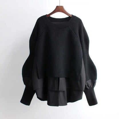 Patchwork Knit Pullover Sweaters for Women Lantern Sleeve Round Neck Warm Sweaters Polar Soft Sweater Top Autumn Winter Clothes