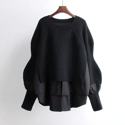 Patchwork Knit Pullover Sweaters for Women Lantern Sleeve Round Neck Warm Sweaters Polar Soft Sweater Top Autumn Winter Clothes