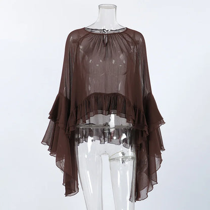 Ruffled Blouses for Women Boho Flowy Bell Sleeve Chiffon Top Sexy See Through Sheer Ruffle Hem Shirt Tops