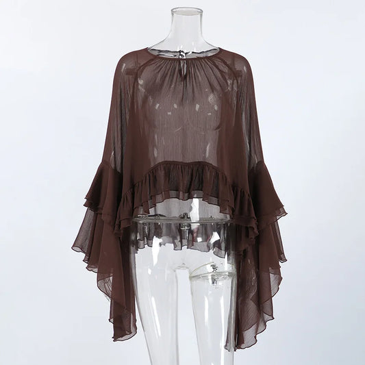 Ruffled Blouses for Women Boho Flowy Bell Sleeve Chiffon Top Sexy See Through Sheer Ruffle Hem Shirt Tops