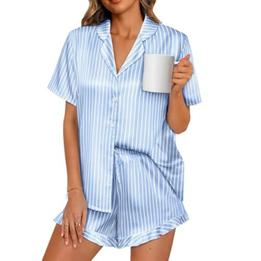 LILLUSORY Womens Satin Silk Pajamas Set 2 Pcs Ruffle Pjs Winter Matching Lounge Sleepwear Button Down Striped Shirt Shorts