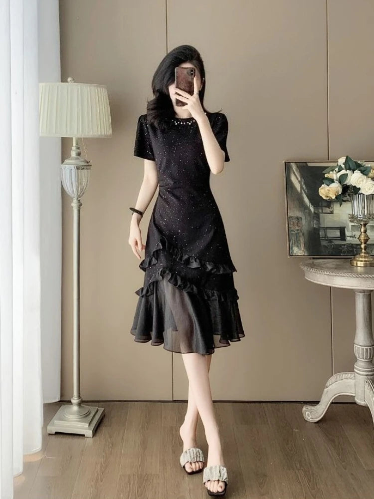 Women's Black Beaded Evening Dress 2026 Summer High Waist Slim Fit Mesh Panel Mermaid Hem Party Gown