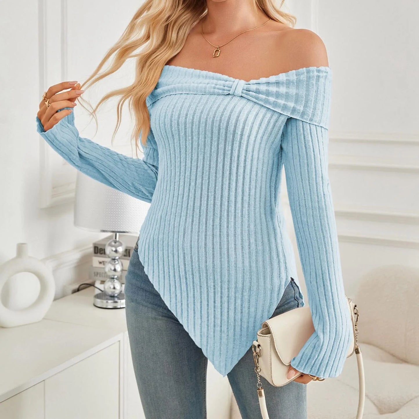 Womens Lightweight Sweaters Off The Shoulder 2024 Korea Autumn Winter Irregular Fashion European Designer Luxury Womens Clothes