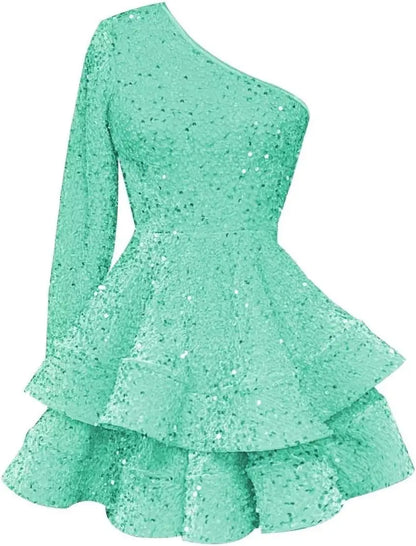 Long Sleeve Velvet Sequin Homecoming Dresses Teens Sparkly One Shoulder Short Prom Dress Layered Cocktail Party Graduation Dress