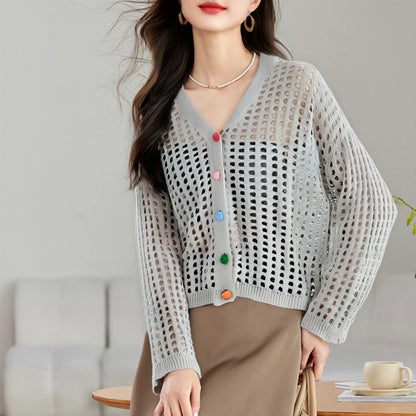 Crochet Cardigan Women Multicolor Heart Button Front Long Sleeve Sheer Openwork Knit Top Jacket Teen-girl Boho Vacation Outfit