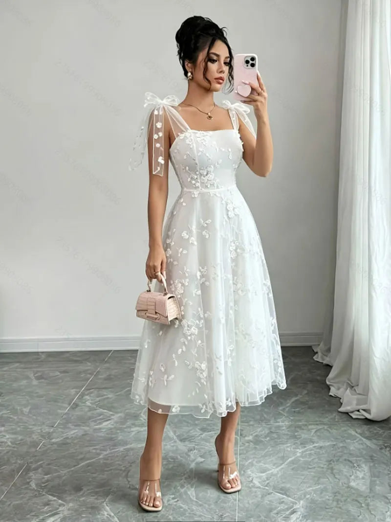 Fairy White Evening Dresses Customized Sleeveless Draped Tea-Length A-Line Princess Gowns Special Occasion Birthday Party Dress