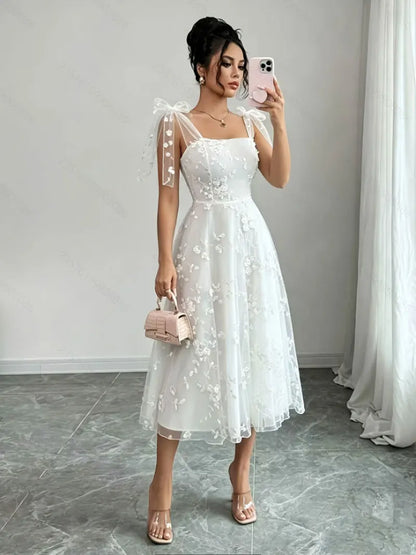 Fairy White Evening Dresses Customized Sleeveless Draped Tea-Length A-Line Princess Gowns Special Occasion Birthday Party Dress