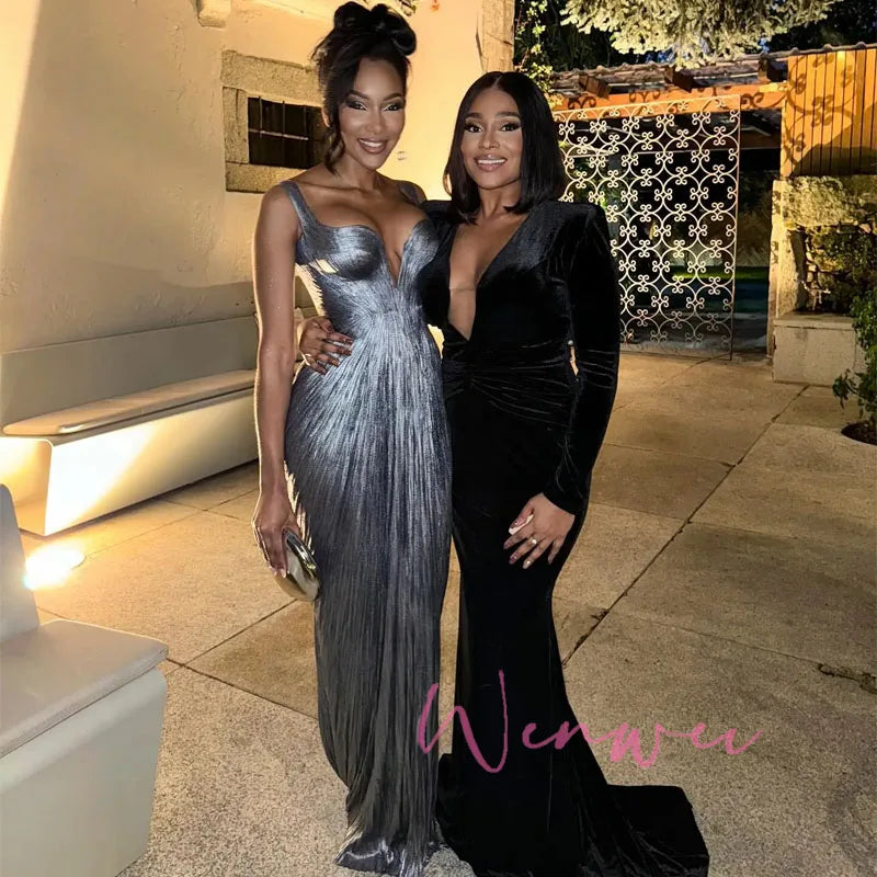 Pretty Wisher Customized Simple Spaghetti Strap Evening Dress Front Split Wedding Guest Gown Pleated Sliver Long Prom Dress