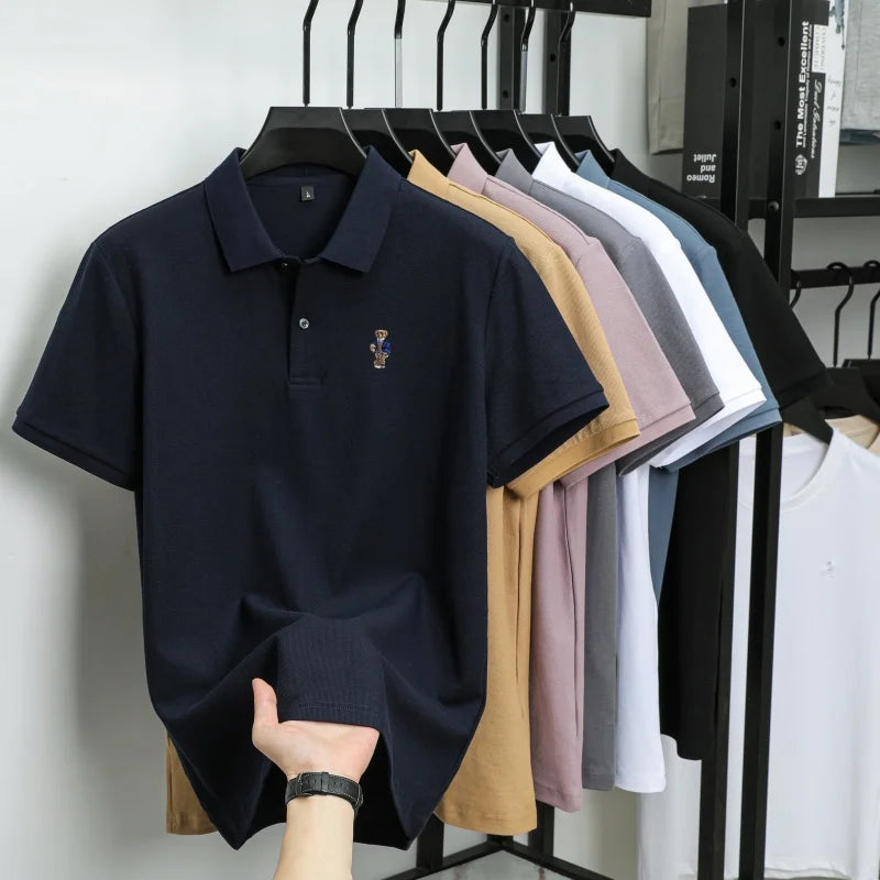 100% pure cotton new men's short sleeved polo shirt summer fashion original high-end brand bear embroidery golf casual T-shirt
