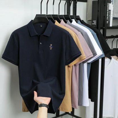 100% pure cotton new men's short sleeved polo shirt summer fashion original high-end brand bear embroidery golf casual T-shirt