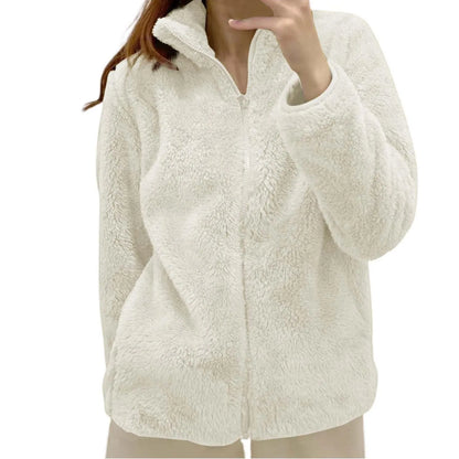 Women Casual Zip Up Fleece Jacket Solid Color Long Plush Polar Warm Zipper Outwears Female Gils Lamb Wool Jackets With Pockets
