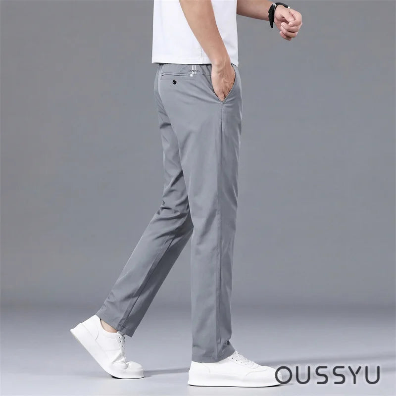 Good Quality Summer High Stretch Men's Casual Pants Polyamide Fiber Slim Straight Business Elastic Waist Work Chino Thin Trouser