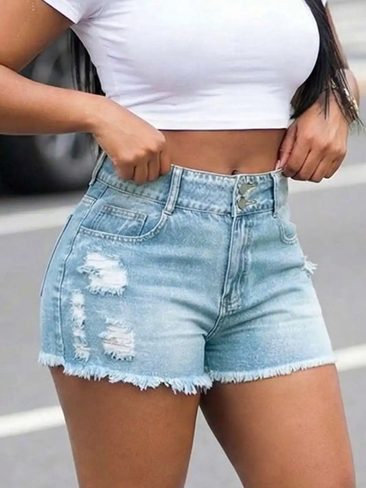 Women High Waist Denim Shorts With Double Button Ripped Frayed Hem Slim Fit Streetwear