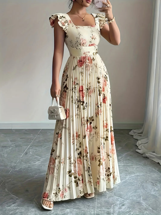 Elegant Beige Floral Pleated Dress